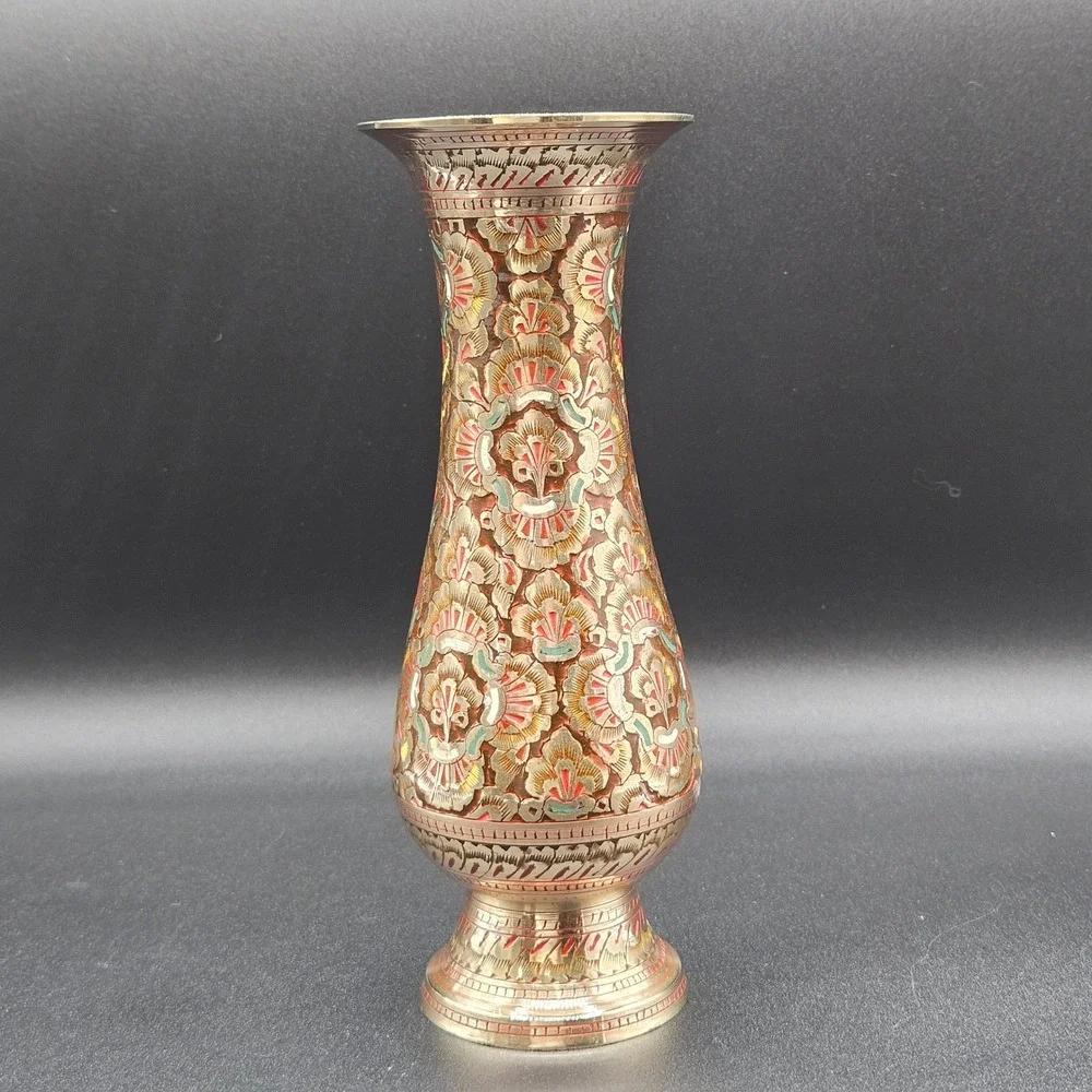 Vintage Indian Brass Bud Vase Hand Etched Floral Enamel Inlay 7.75 Inch Gold Red